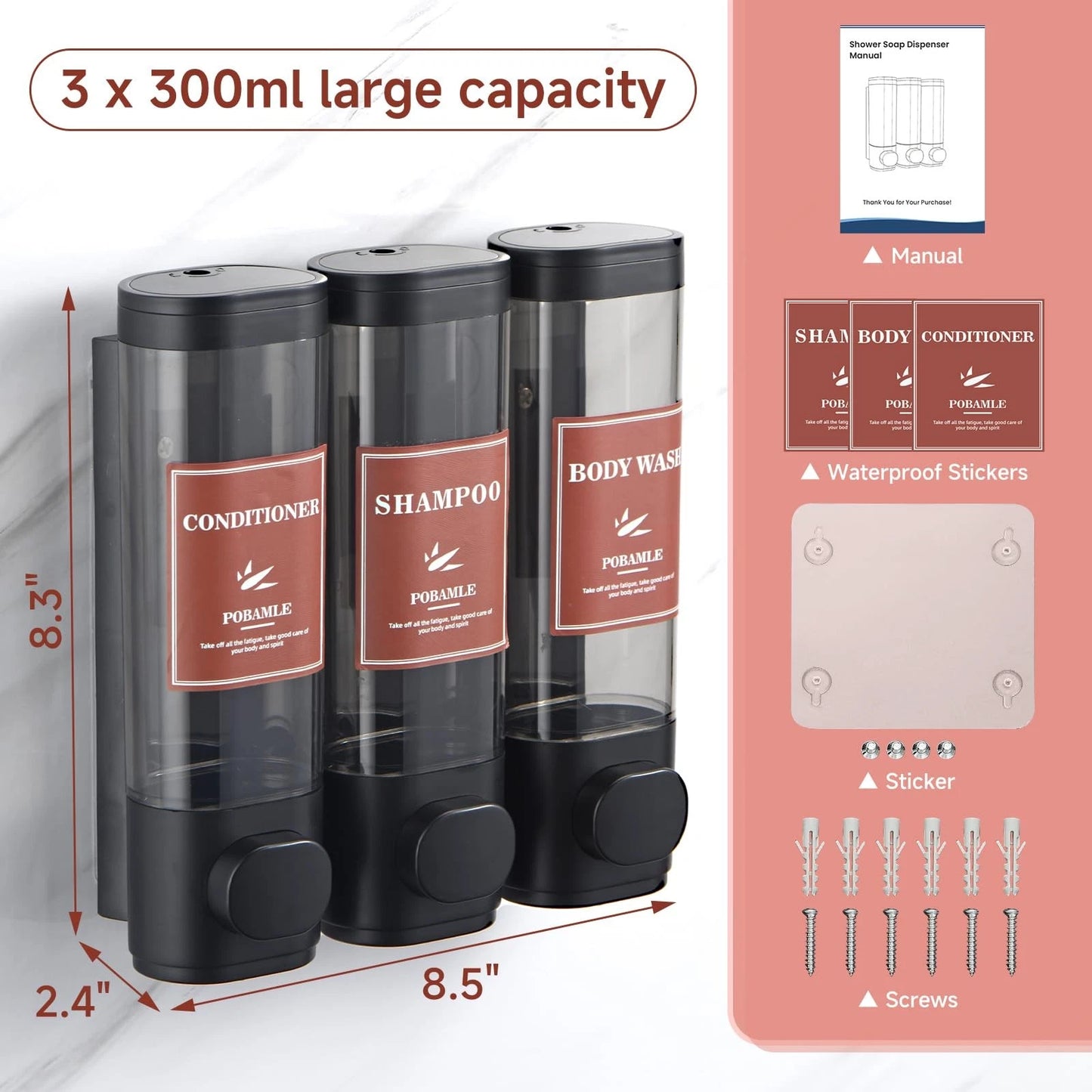 Dluxe Ave. Shampoo and Conditioner Dispenser, Wall Mounted, Soap Dispenser, No Drill , 3 Chamber (Black)