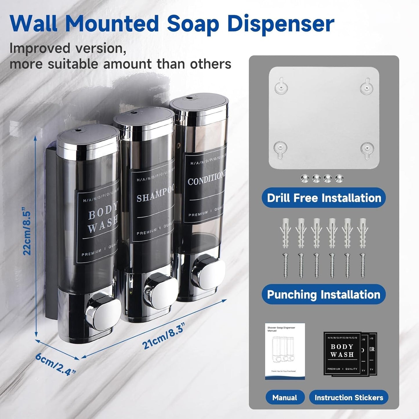 Dluxe Ave. Shower Soap Dispenser/ Wall Mounted/ No Drill for Shower/ Chrome with Labels