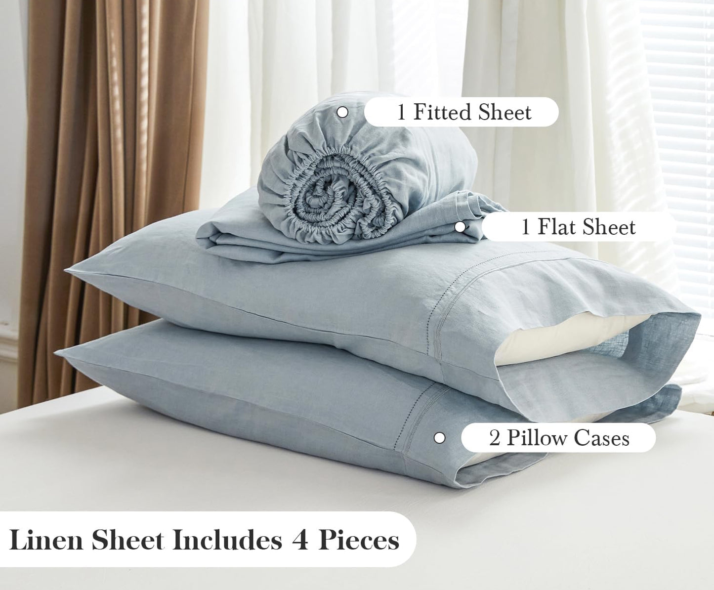Dluxe Ave. ( KING ) 4Pcs 100% French Linen Sheet Set, Dusty Blue