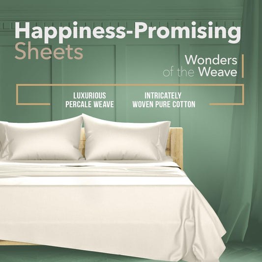 Dluxe Ave. ( QUEEN ) 4 Pcs 100% Organic Cotton Percale Sheet Set/ 16" Deep Pocket/ Luxury Hotel Sheets/ Ivory