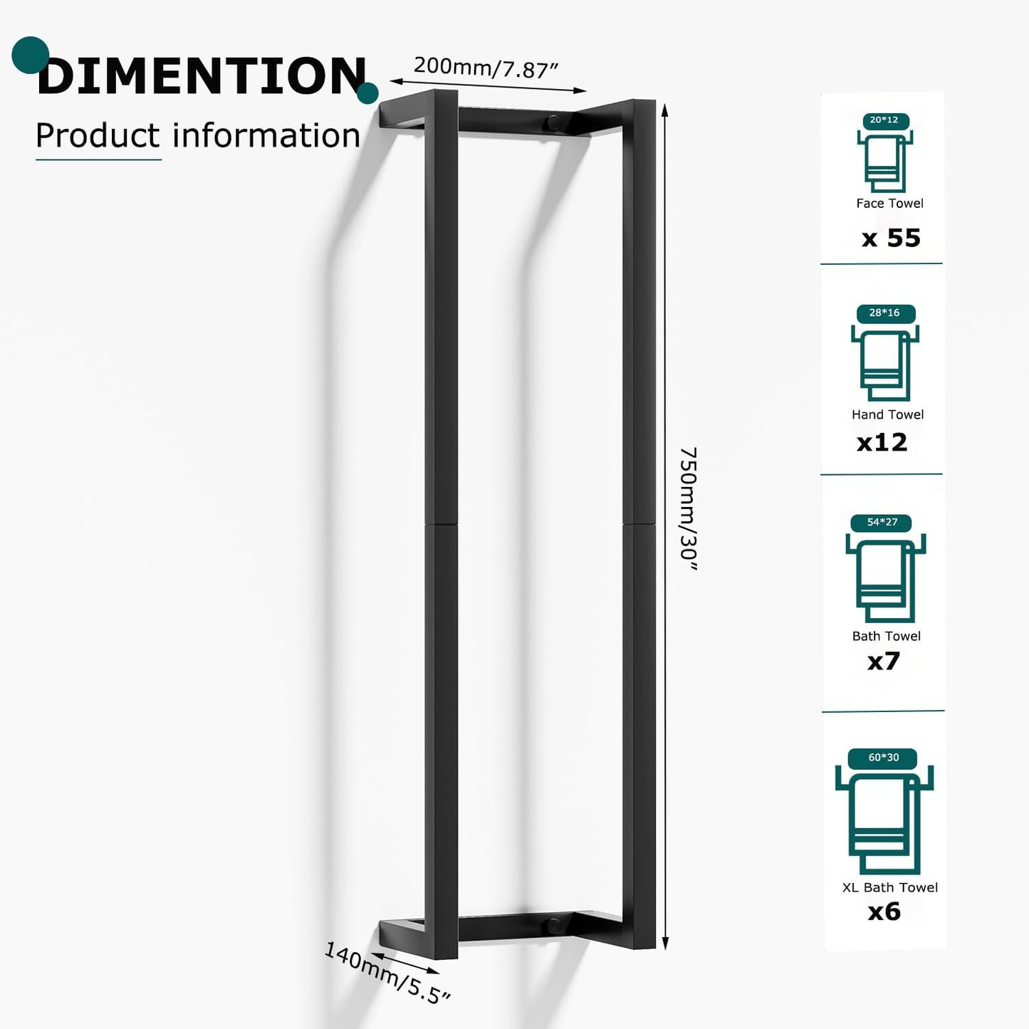 Dluxe Ave. Towel Rack for Rolled Towels Towel Rack for BathroomWall Mounted Metal (Black)