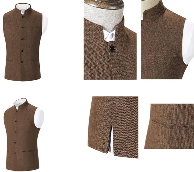 Dluxe Ave. (SMALL) Mens Herringbone Wool Vests/ High Collar/ Waistcoats Slim Fit/ Champagne