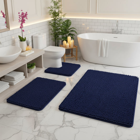 Dluxe Ave. 3 Piece Soft Absorbent Chenille Bath Rugs/ Navy