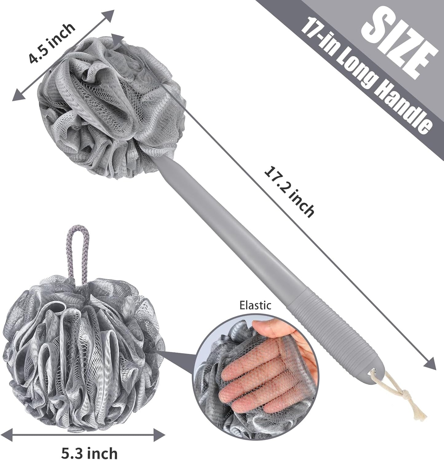 Dluxe Ave. Loofah Sponge Set, Back Scrubber, Anti-Slip Plastic, 17" Handle Gray