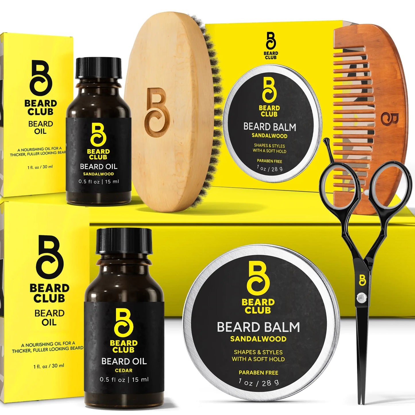 Dluxe Ave. The Beard Club Beard Kit for Men - Beard Grooming Kit & Beard Care Kit - Cedar Beard Oil Sandalwood Beard Oil Sandalwood Beard Balm Beard Comb Beard Brush Beard Trimming Scissors - Gift Set