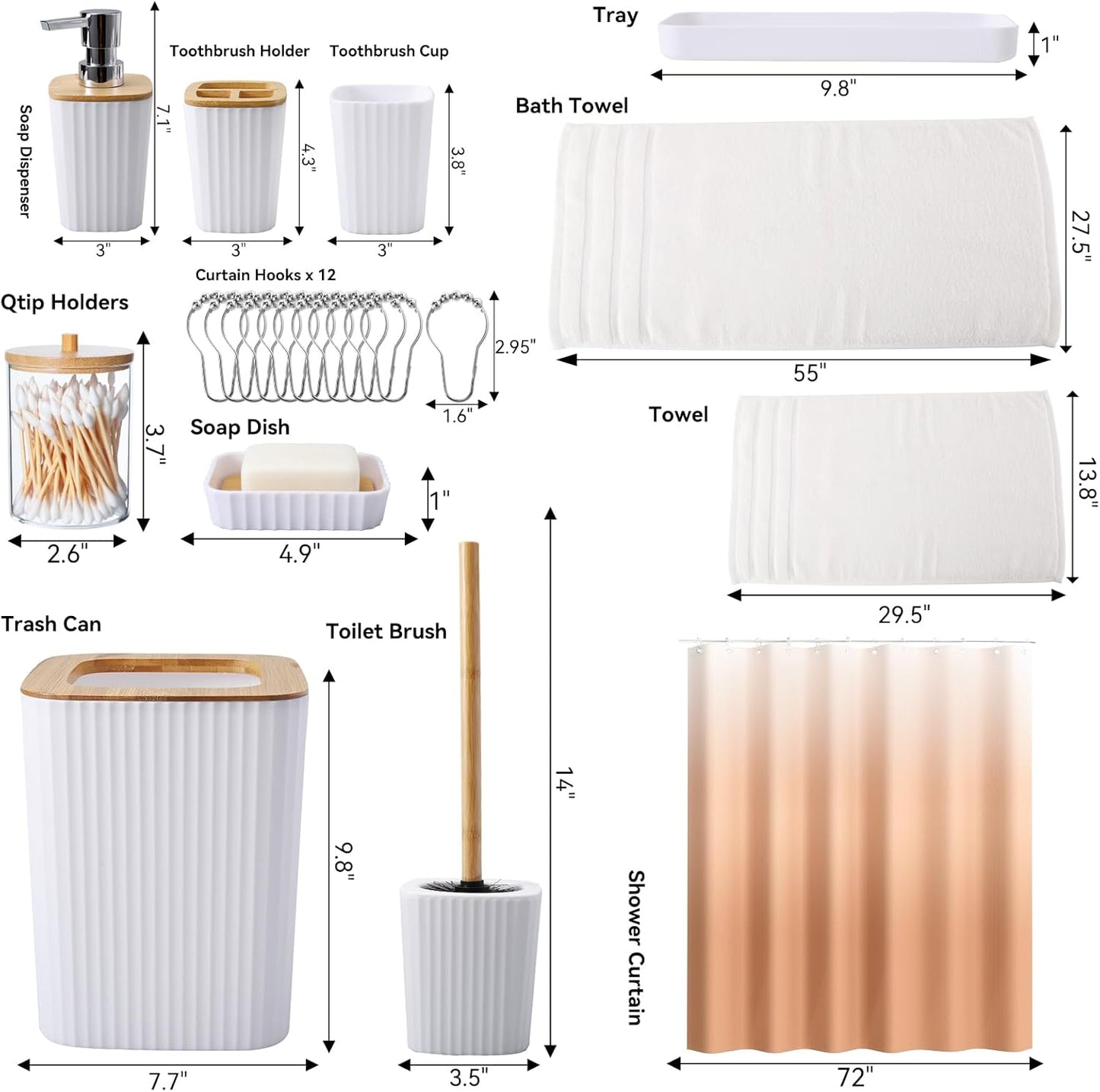 Dluxe Ave. XLHOMO White Bathroom Set with Shower Curtain Beige Ombre Waterproof Shower Curtain with Stainless Steel Hooks