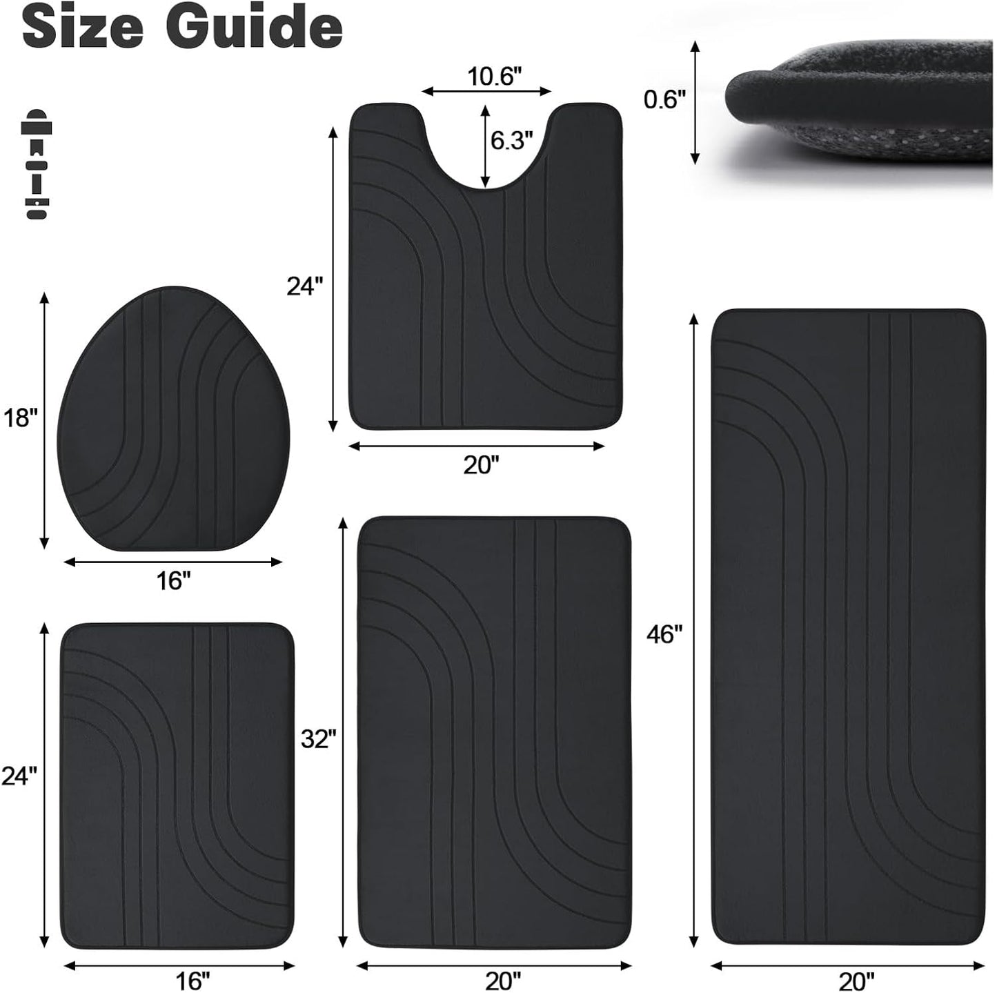 Dluxe Ave. YIHOUSE Bathroom Rug Set 5 Pieces Soft Non Slip Memory Foam Bath Mat Set Extra Thick Bath Mats Dark Grey