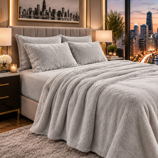 Dluxe Ave. (QUEEN) Faux Fur Sheet Set/ Luxury Ultra Soft Fleece/ Light Grey