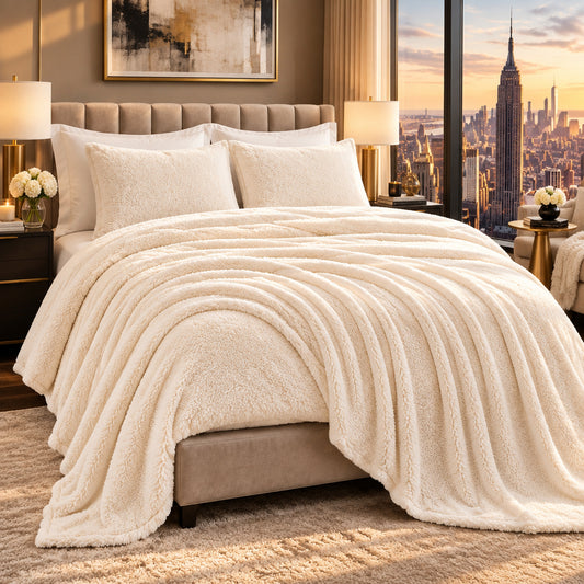 Dluxe Ave. (KING) 4Pcs Fleece Sheet Set/ Luxury Ultra Soft/ Plush Velvet/ Ivory