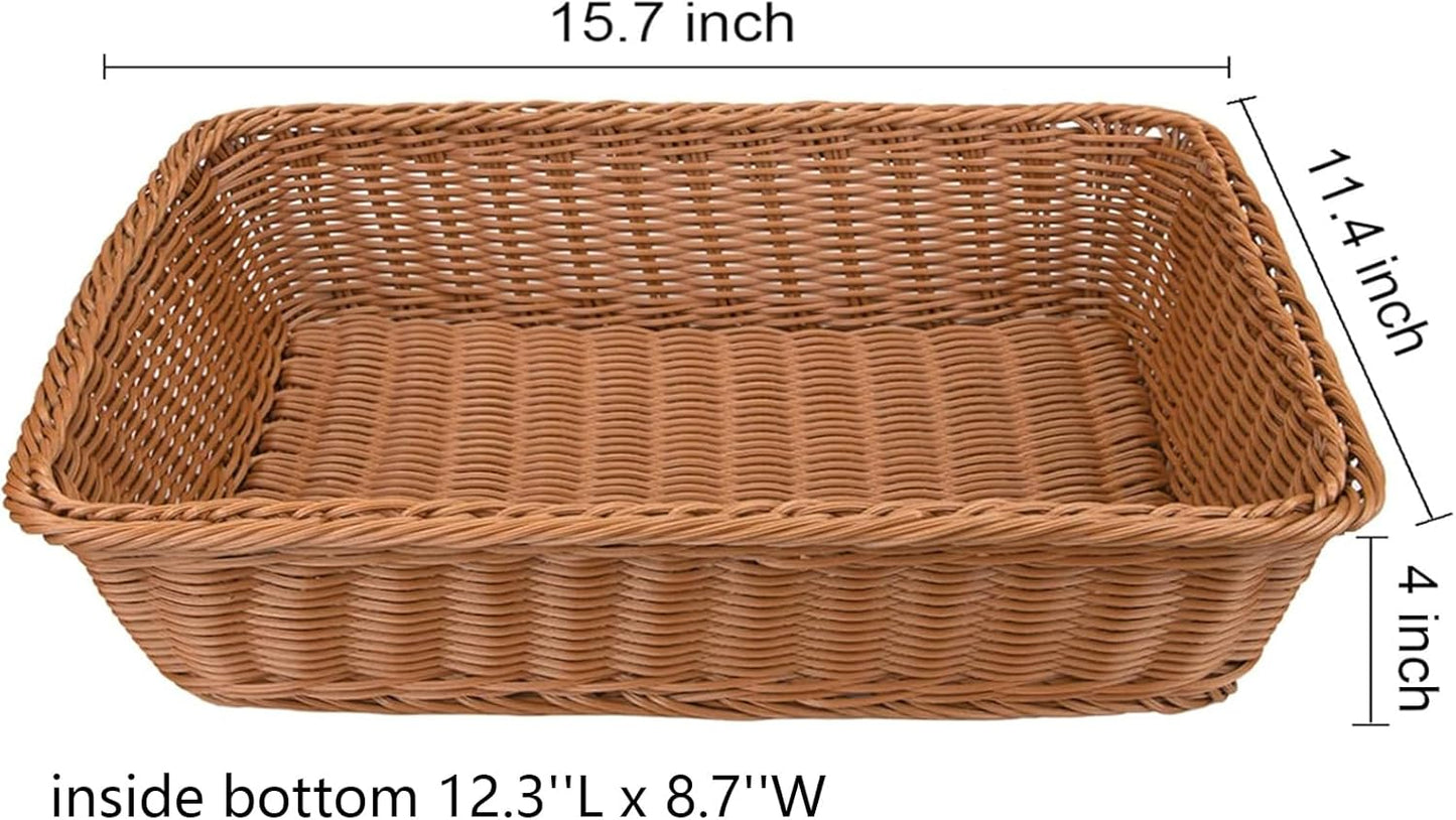 Dluxe Ave. 2 Pack Poly Wicker Woven Bread Basket 16 Inch Rectangular Fruit Baskets Brown