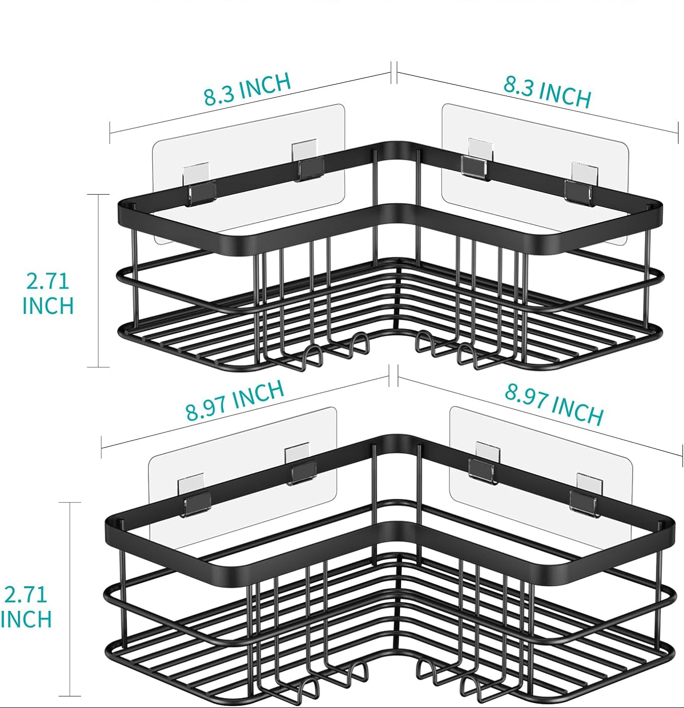 Dluxe Ave. Corner Shower Caddy Adhesive Shower Shelves, No Drilling, 2-Pack, Rustproof Stainless Steel, Shower Organizer, Wall Mounted with 8 Hooks (Black)