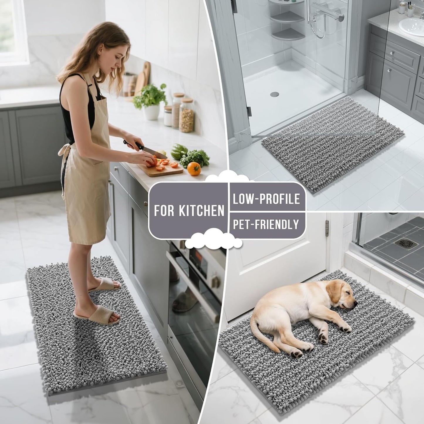 Dluxe Ave. Yimobra Bathroom Toilet Rugs Sets 3 Piece Extra Soft Absorbent Chenille Bath Mat Set Bathroom Shower and Tub Non Slip Grey