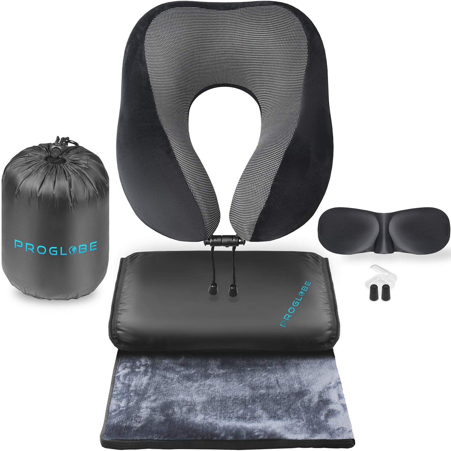 Dluxe Ave. Travel Blanket Luxury Travel Set/ Airplane Neck Pillow 100% Pure Memory Foam/ 4-in-1 Travel Kit/ Black