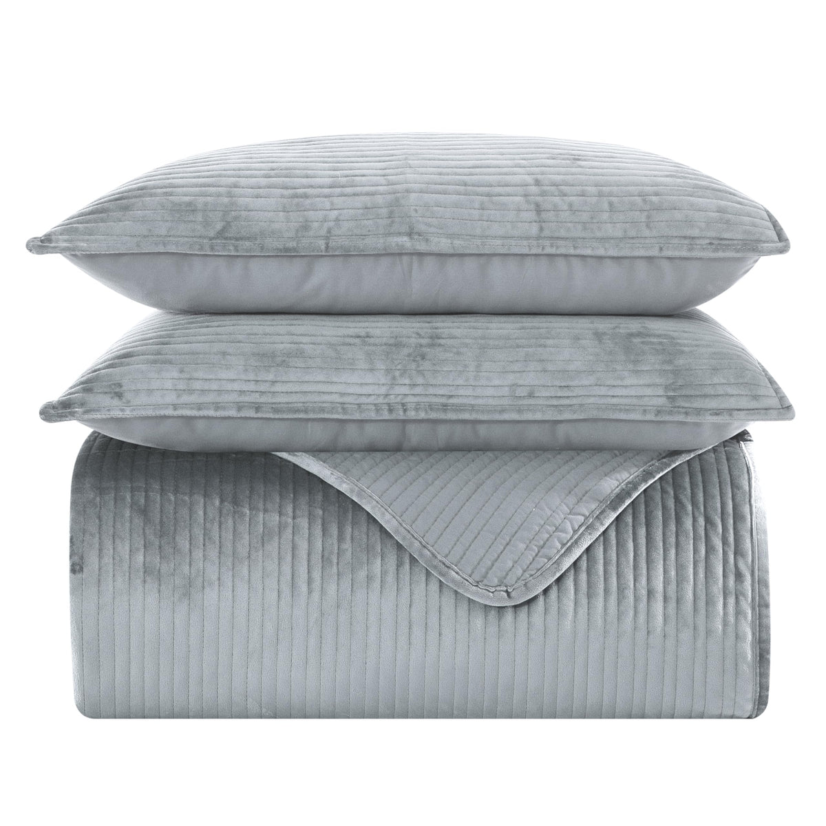 Dluxe Ave. (FULL) 3-Piece Luxury Velvet Corduroy Stripe Quilt Set/ Grey