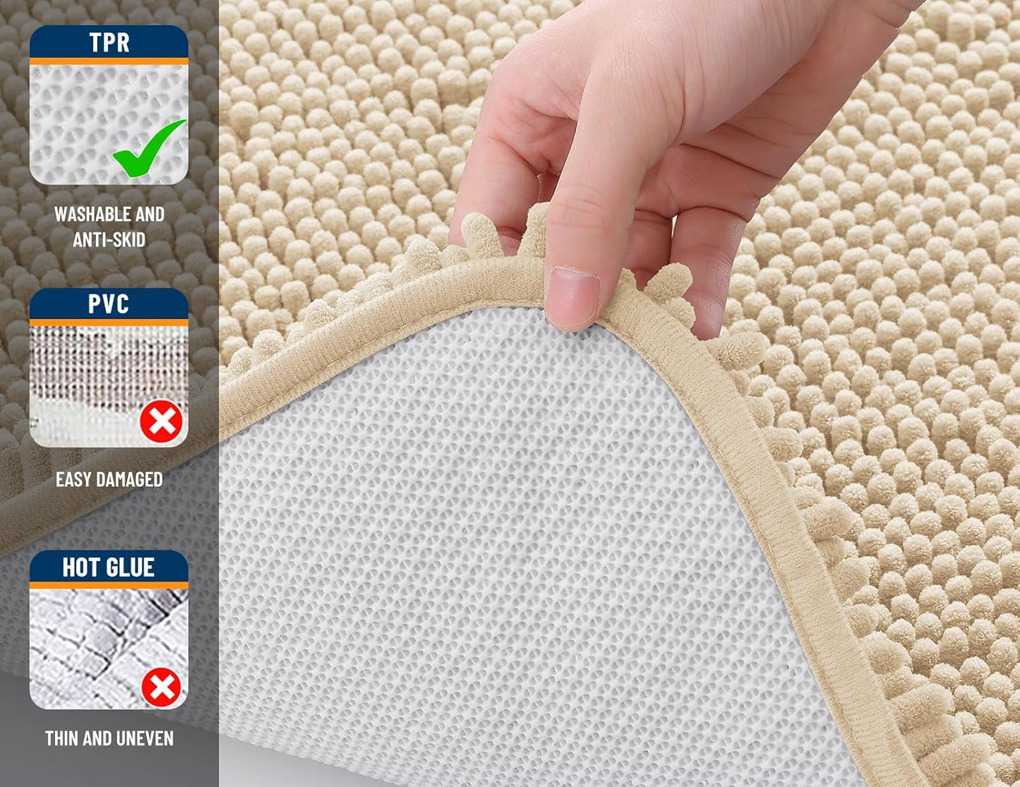 Dluxe Ave. Ultra Soft Non Slip Absorbent Chenille Toilet Bath Mat Set, 2 Pieces (Beige)