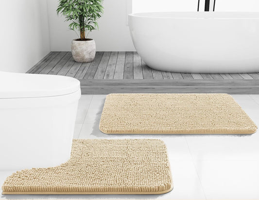 Dluxe Ave. Ultra Soft Non Slip Absorbent Chenille Toilet Bath Mat Set, 2 Pieces (Beige)