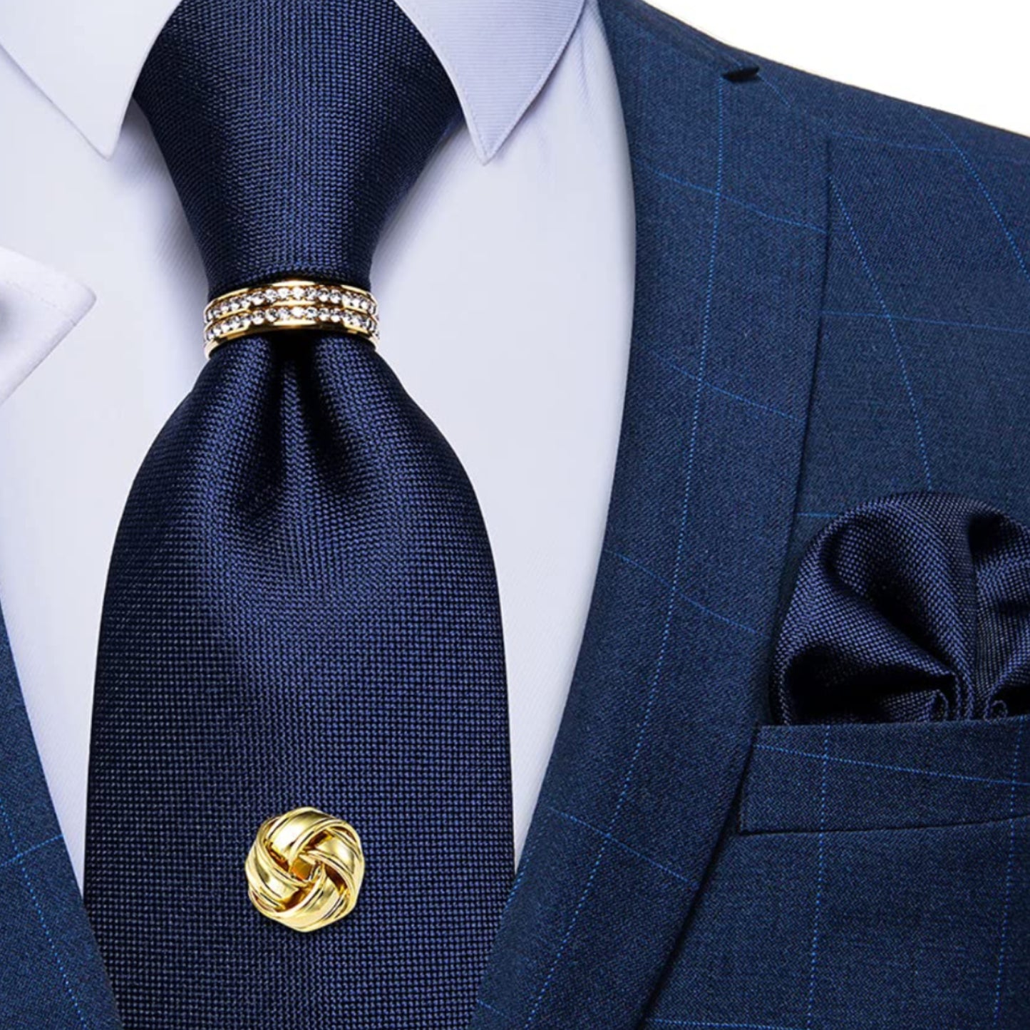 Dluxe Ave. Tie Set for Men Solid Color Necktie Gold Tie Tack Gold Tie Ring Pocket Square Cufflinks Silk Tie Navy Blue