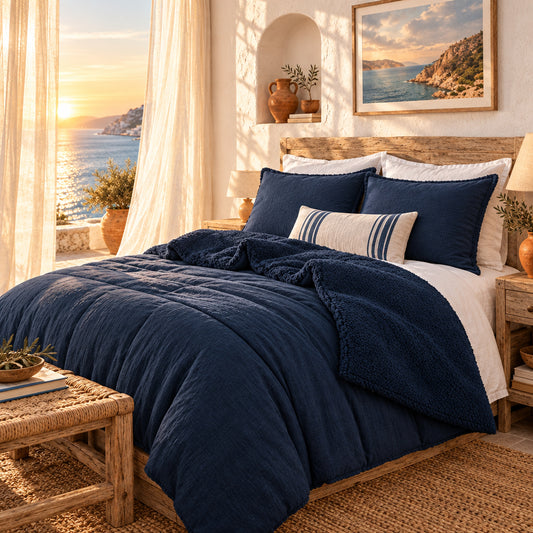 Dluxe Ave. (QUEEN) 3Pcs Fluffy Sherpa Warm Bed Comforter Set/ Dark Navy Blue