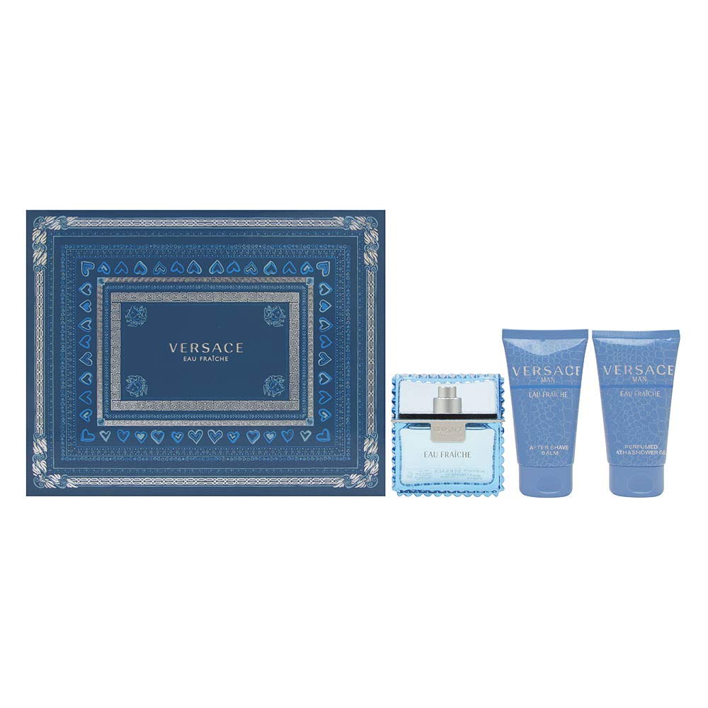Dluxe Ave. Versace Man Eau Fraiche by Versace for Men 3 Piece Set Includes: 1.7 oz Eau de Toilette Spray + 1.7 oz Perfumed Bath & Shower Gel + 1.7 oz After Shave Balm