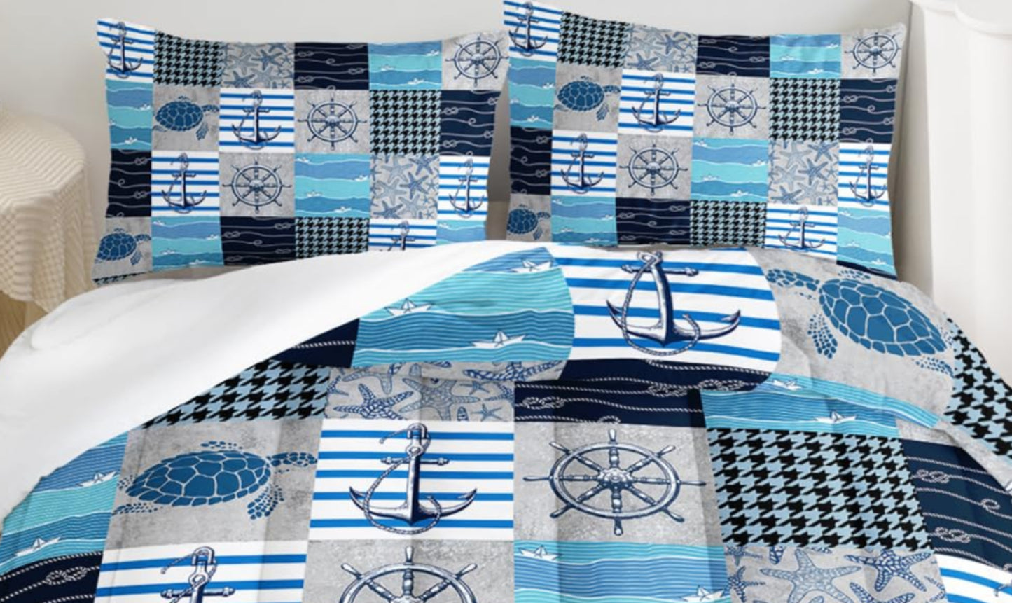 Dluxe Ave. ( QUEEN ) 3 Pcs Comforter and Bedding Set, Blue Ocean Beach