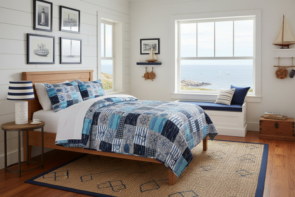 Dluxe Ave. (QUEEN) 3 Pcs Comforter and Bedding Set, Blue Ocean Beach