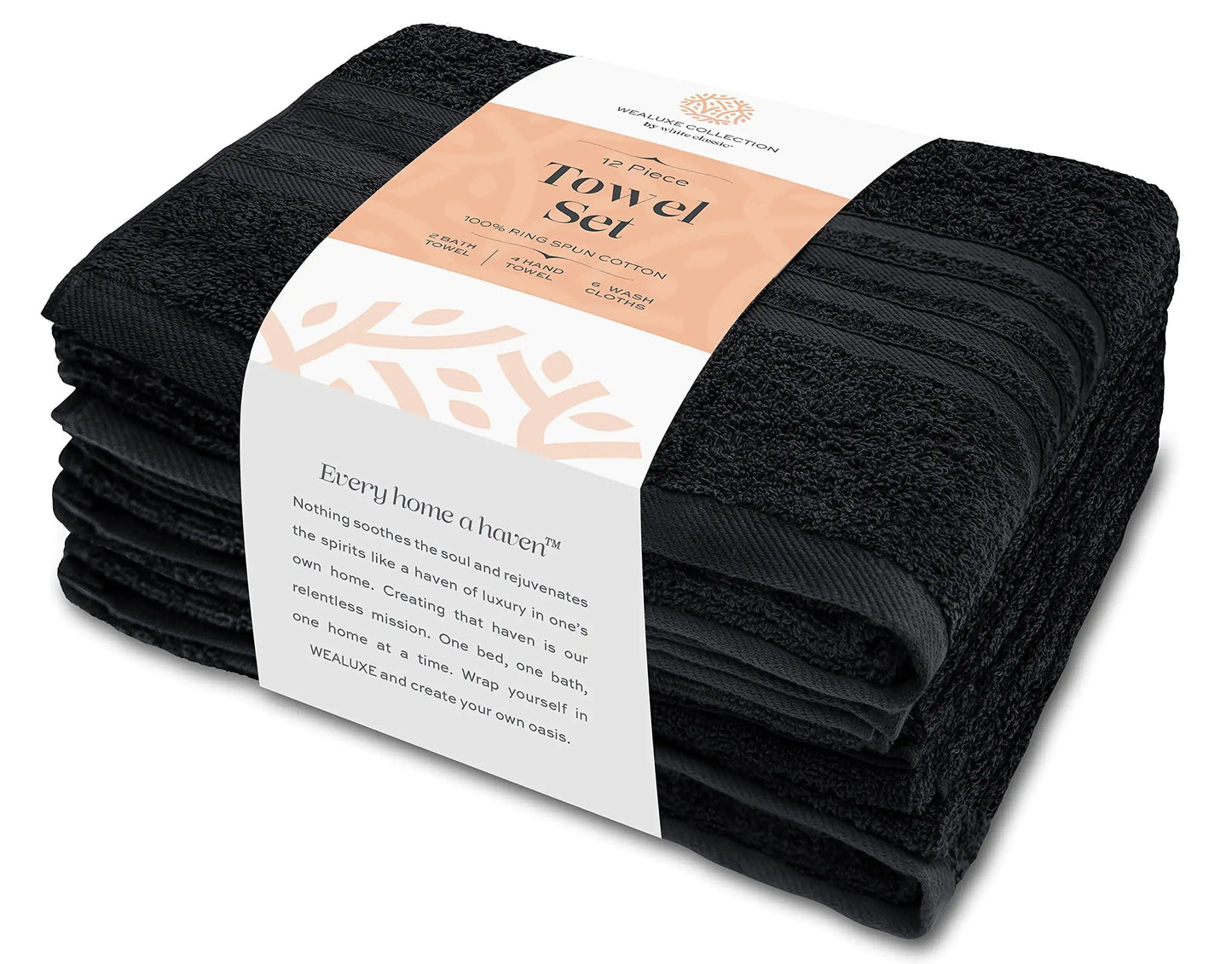 Dluxe Ave. 100% Cotton Soft Bath Towel Set, 12 Pcs (Black)