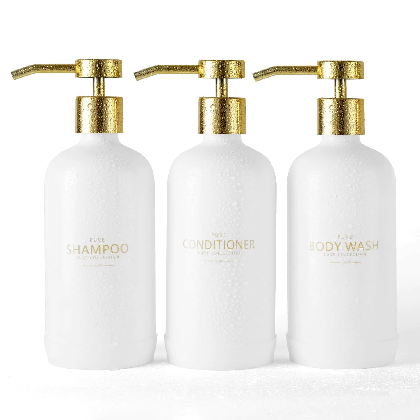 Dluxe Ave. Janxin Shampoo and Conditioner Dispenser Set of 3Refillable 21oz Shampoo Bottles with Non-Slip Protective Silicone PadShower Soap Dispenser with Waterproof Labels for Bathroom (White)