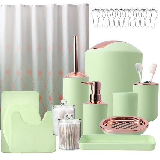 Dluxe Ave. Green Bathroom Set with Shower Curtain and Rugs