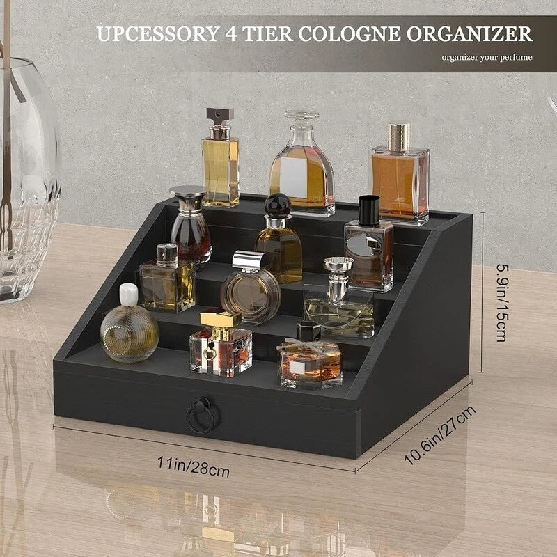 Dluxe Ave. Men Enhanced 5 Tier Cologne Stand Organizer with Velvet Lined Drawer & Hidden Storage (Classy Black)
