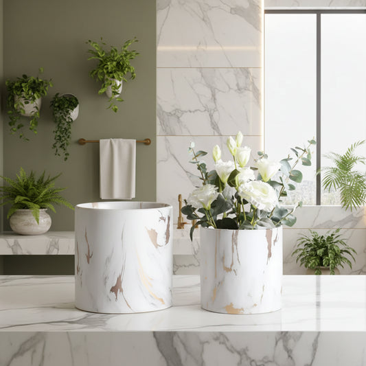 Dluxe Ave. Marble Pattern Ceramic Flower Pot with Tray Set
