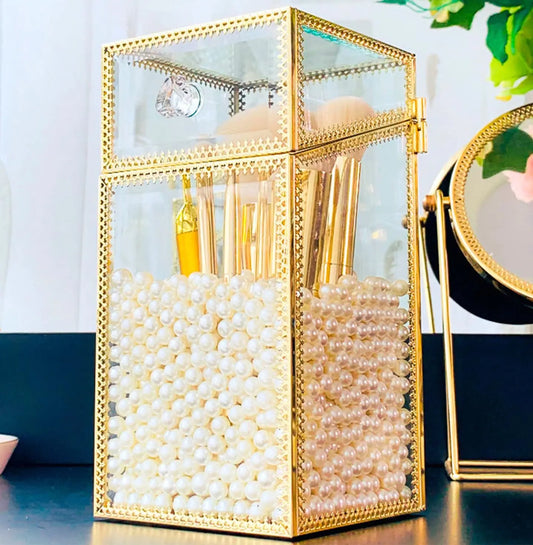 Dluxe Ave. Pumtus Makeup Brush Holder Organizer with Lid Glass Cosmetic Make Up Brushes Container Clear Makeup Tool Storage Box Cup with Pearls Vintage Dustproof Vanity Decor for Countertop Desktop