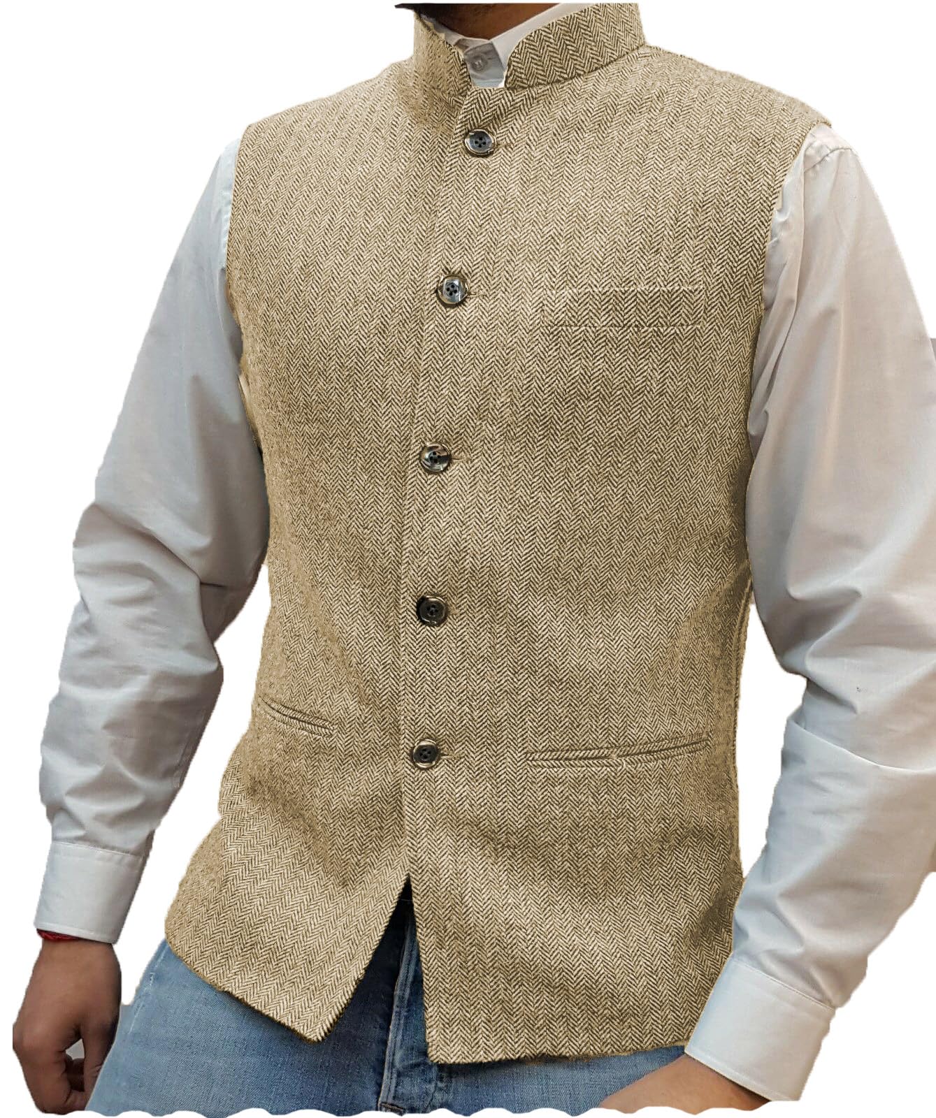 Dluxe Ave. (SMALL) Mens Herringbone Wool Vests/ High Collar/ Waistcoats Slim Fit/ Champagne
