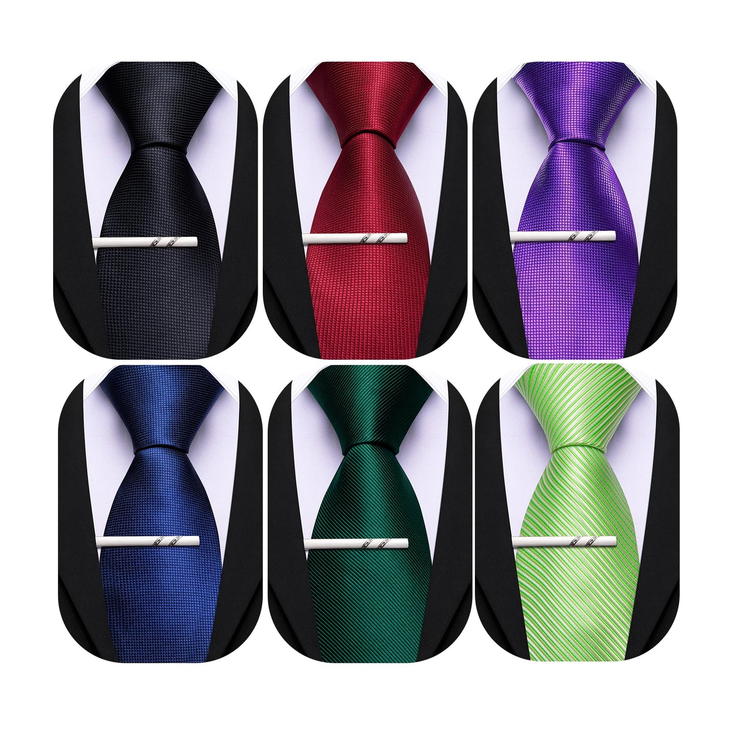 Dluxe Ave. Mens 6 PCS Ties Silk Striped Paisley Check Necktie Tie-Clip Silky Woven Wedding Business Party Ties