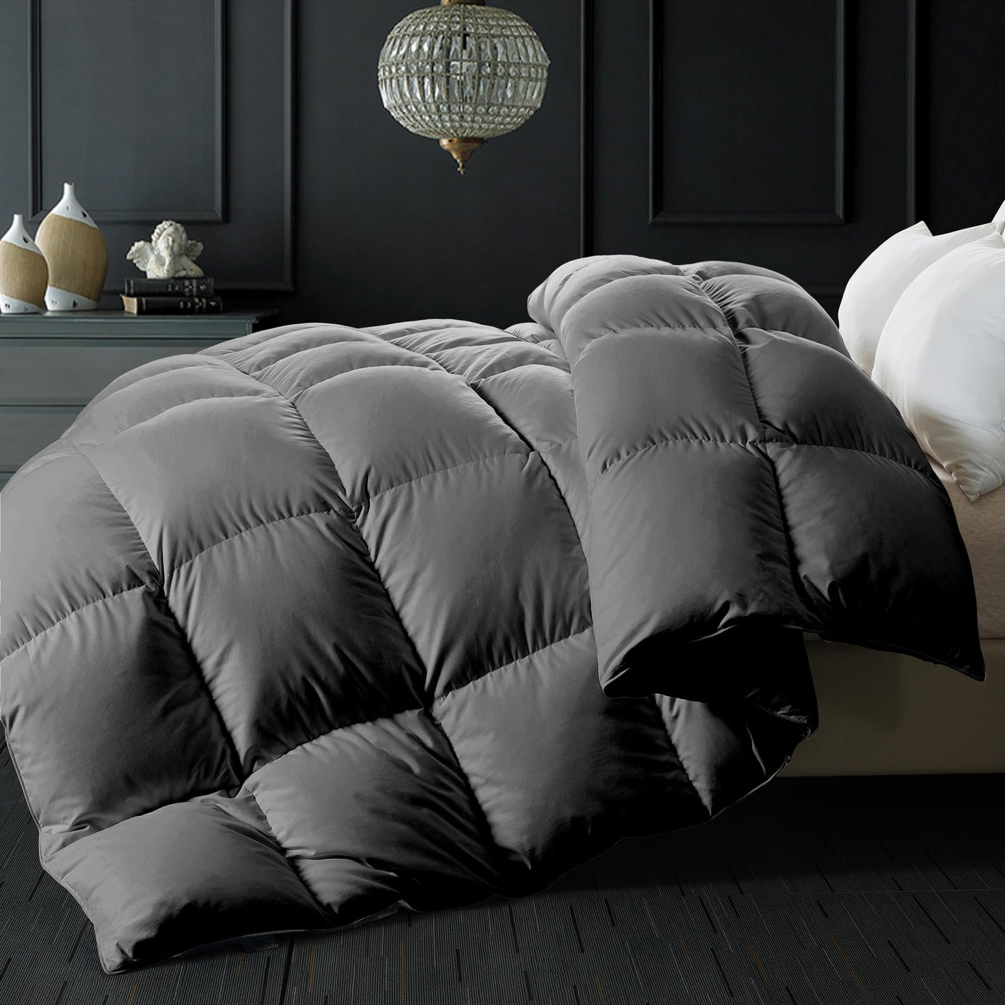 Dluxe Ave. ( TWIN ) Comforter Filled with Feather & Down fiber All Season/ Luxurious Hotel Style Bedding/ Ultra Soft 100% Cotton/ Grey 68x90 Inch
