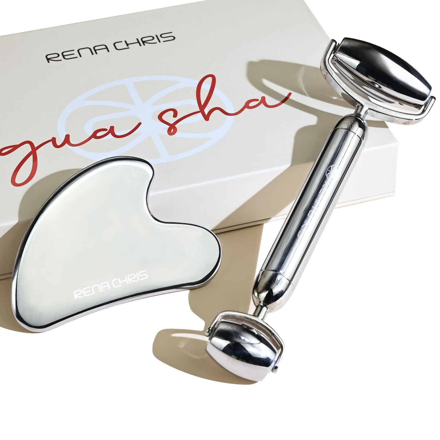 Dluxe Ave. Rena Chris Face Roller & Gua Sha Set Stainless Steel Massage Tools for Jawline Sculpting and Puffiness Reducing Beauty & Skincare