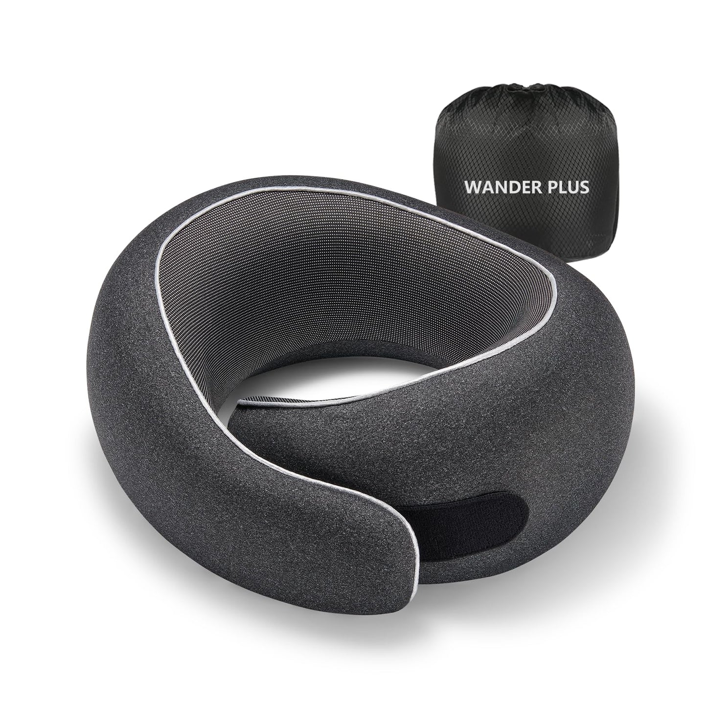 WANDER PLUS® Travel Neck Pillow Pure Memory Foam Neck Pillow for Airplanes Comfortable Breathable Cover 360 Degree Support Ergonomic Design Best for Sleeping Plane Train Travel Essentials Max Black