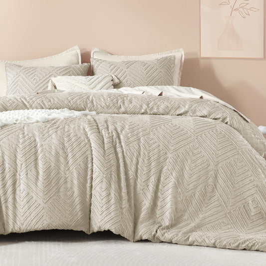 Dluxe Ave. ( QUEEN ) 3 Pcs Tufted Boho Farmhouse Bedding Comforter Set, Lightweight Fluffy Comforter/ Oatmeal
