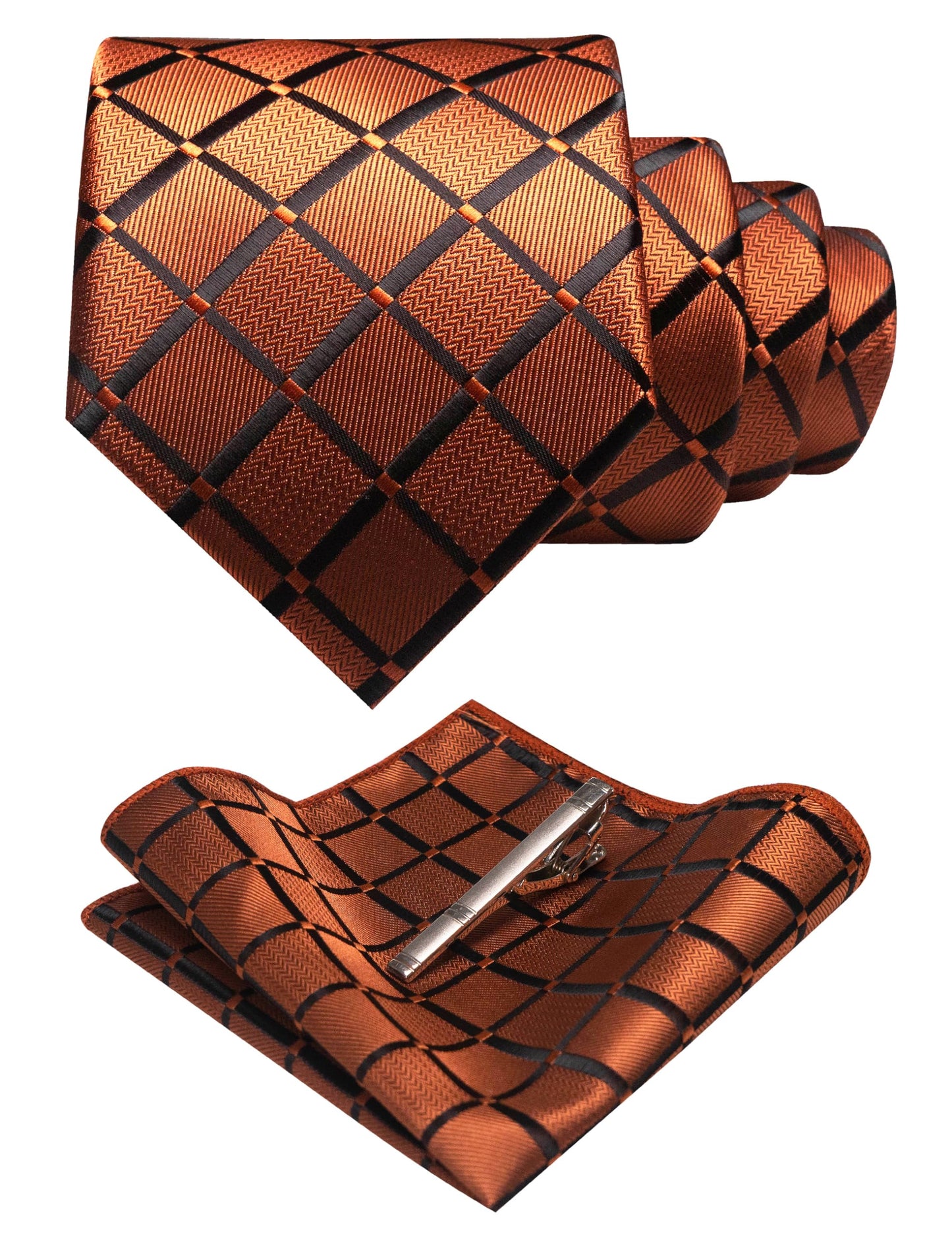 Dluxe Ave. Rust Mens Plaid Tie and Pocket Square with Tie Clip Sets