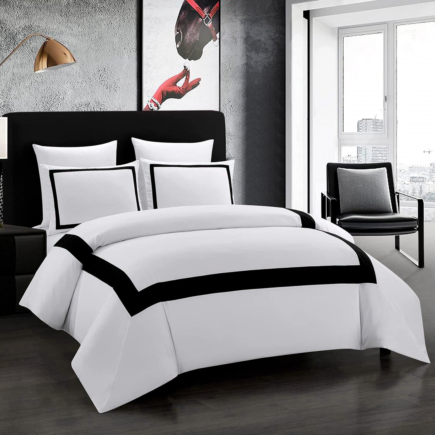 Dluxe Ave. ( QUEEN ) 3 Pcs Hotel {Duvet Cover} Set, Black Line