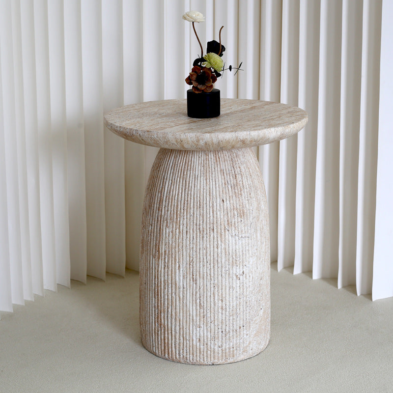 Modern Round Corner Side Table with Imitation Travertine Finish