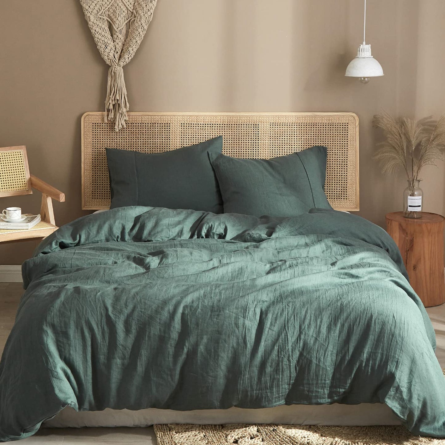 Dluxe Ave. ( QUEEN ) 3 Pcs Linen {Duvet Cover}, 100% Pure Washed French Flax Linen, Soft Breathable Moisture Wicking Cooling Linen, Green