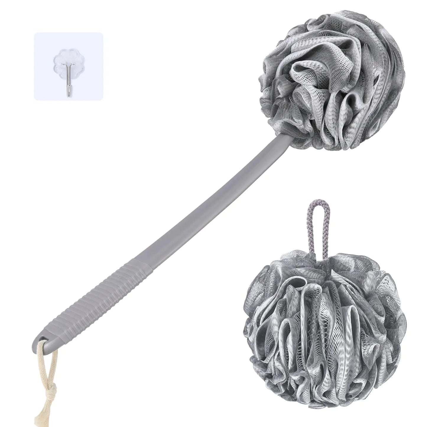 Dluxe Ave.  Loofah Sponge Set, Back Scrubber, Anti-Slip Plastic, 17" Handle Gray