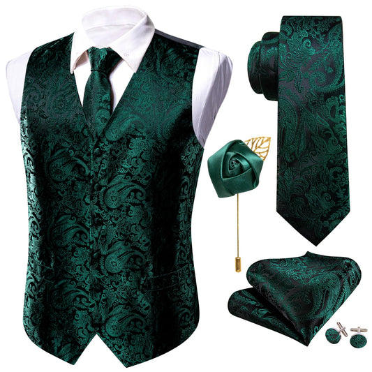Dluxe Ave. (3X-LARGE) V-Neck Suit Vest/ Waistcoat Silk Tie Hanky Cufflink Clip Set/ Black Green