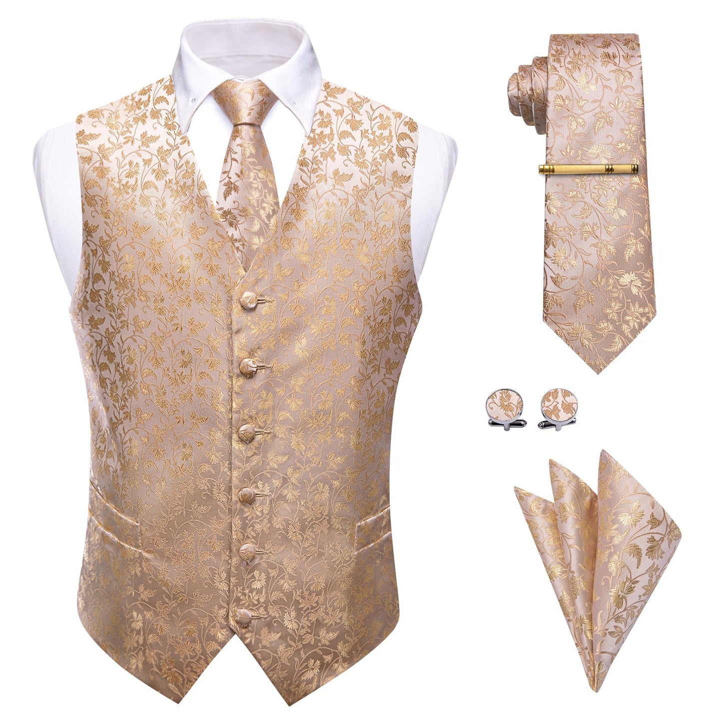 Dluxe Ave. (2X-LARGE) Mens Formal V Neck Waistcoat Tie Pocket Square Cufflinks Set/ Champagne
