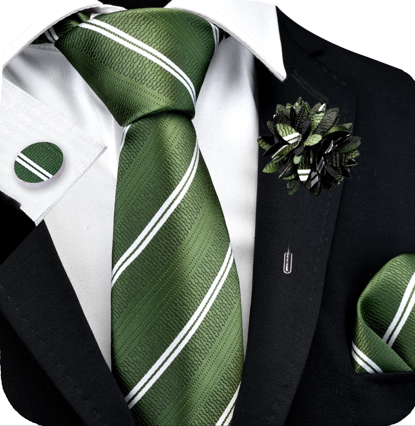 Dluxe Ave. Men Silk Necktie, Pocket Square, Cufflinks & Lapel Pin/ Olive Green