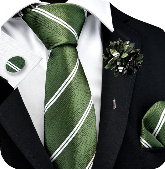 Dluxe Ave. Men Silk Necktie, Pocket Square, Cufflinks & Lapel Pin/ Olive Green