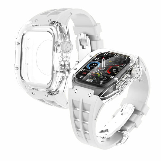 Dluxe Ave. Neuupesen Luxury Transparent Case with Fluororubber Band for Apple Watch 45mm Crystal Clear Full Protection for iWatch Series 9/8/7(45mm TRN+White)