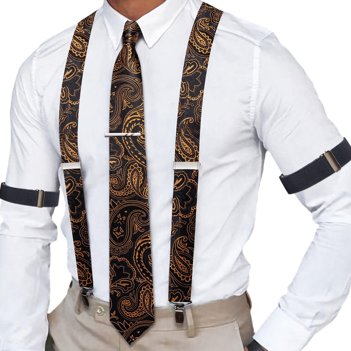 Dluxe Ave. Black Gold Suspenders for Men Paisley X Type Necktie Armbands Tie Clip Set