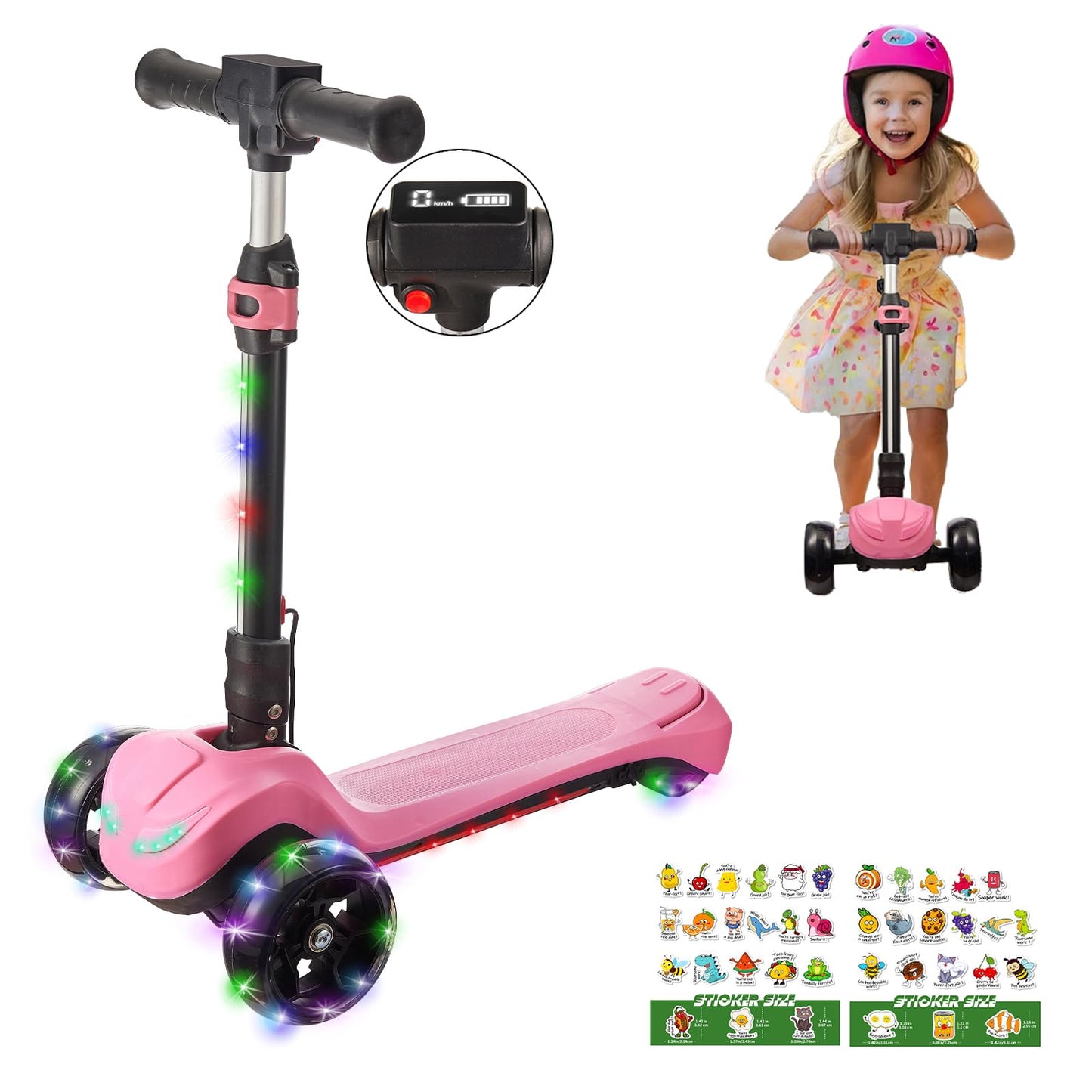 Dluxe Ave.3 Wheel Electric Scooter for Kids Ages 3-8 LCD Display Colorful Lights Reliable Thumb Throttle 3 Adjustable Height 5Mph Safe Speed (Pink)