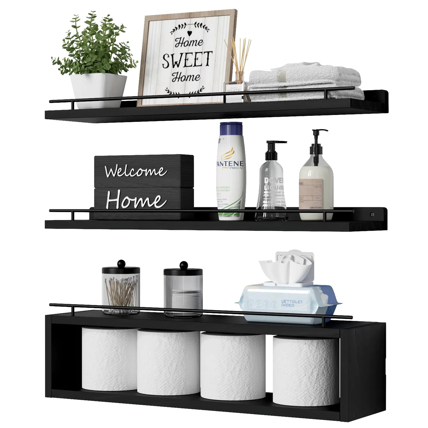 Dluxe Ave. WOPITUES Floating Shelves for Wall 24 inch with Cube Shelf Wall Shelves with Metal Rail for Bathroom Decor Bathroom Organizers and Storage Over Toilet Shelves for Bathroom Toilet Paper-Black